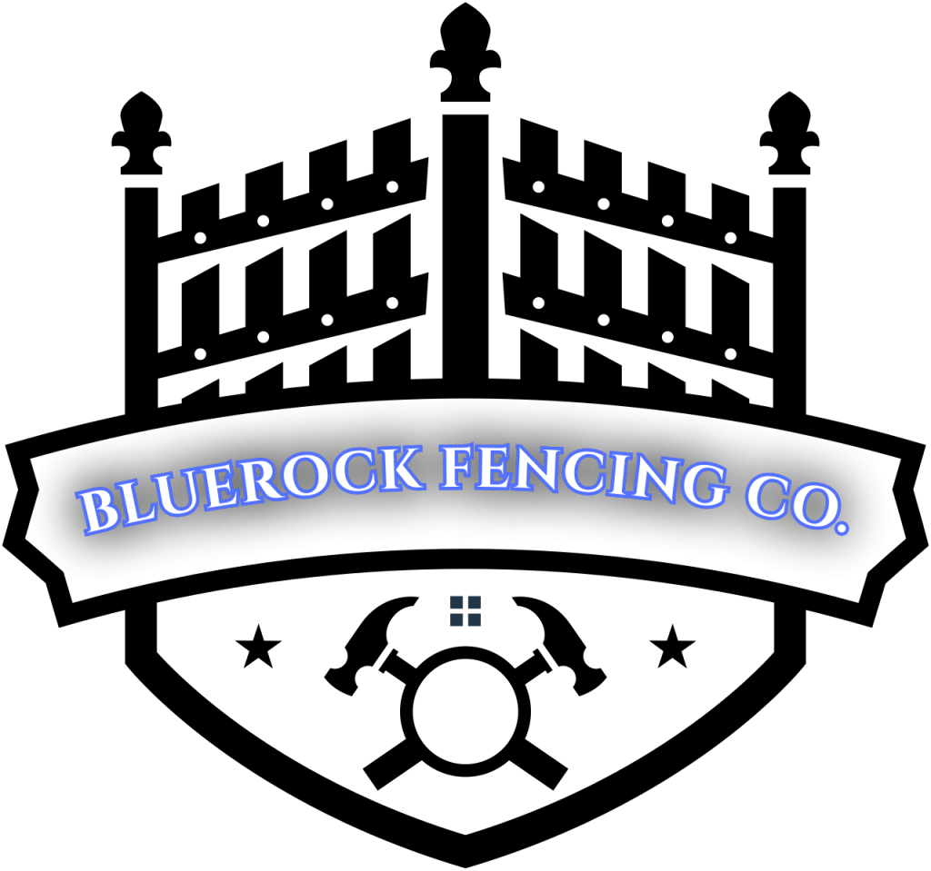 Bluerock fencing company logo with gate and tools design